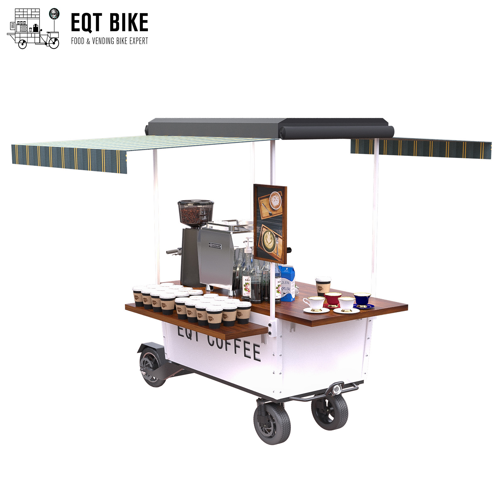 4 ruote che vendono il carretto all'aperto del caffè spolverizzano la bici mobile ricoprente del caffè